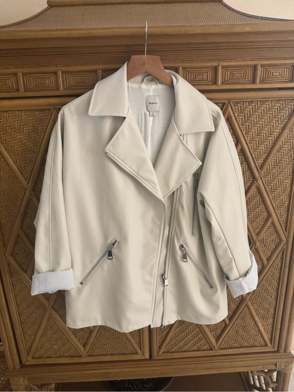 Maeve Ivory Faux Leather Moto Jacket